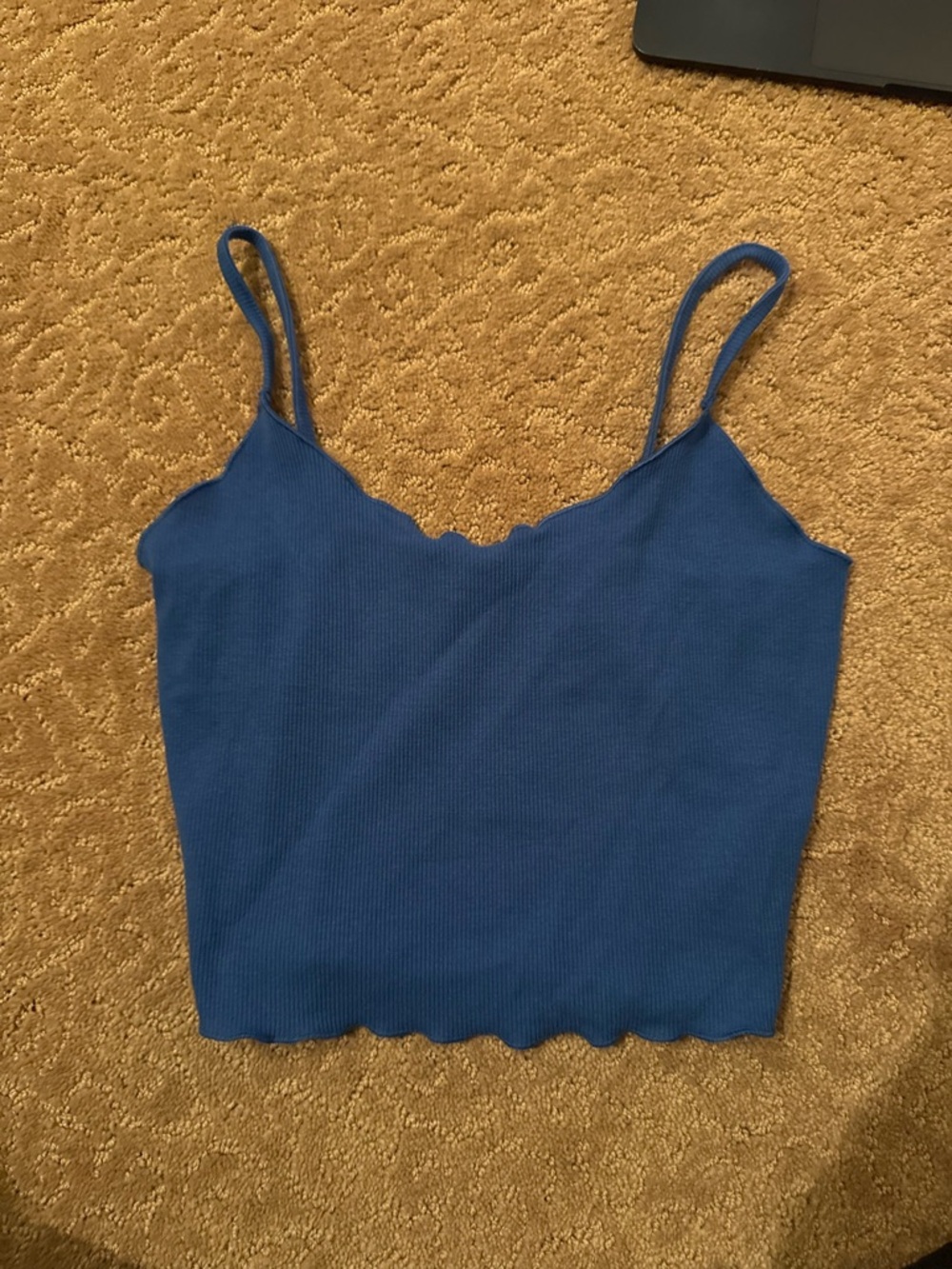 Blue Ribbed Scallop-Edge Cami Tank Top